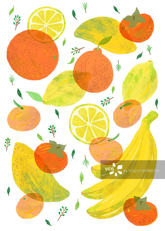 图案，水果，柑橘，柠檬，芒果，香蕉(热带水果)，柿子图片素材