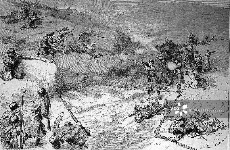 塞尔维亚和保加利亚军队在保加利亚索非亚德拉戈曼山口的战斗，历史插图，大约1886年图片素材