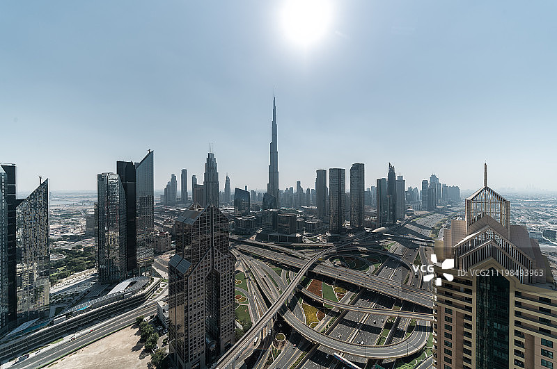 高空全景视角迪拜城市天际线及城市风光图片素材