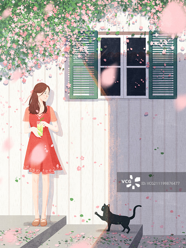女孩站着靠墙花草叶子喝饮料黑猫小清新插画图片素材