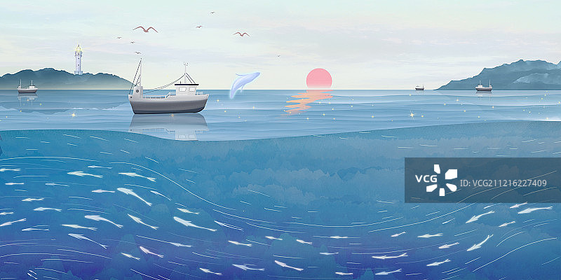海洋石油勘探，海床剖面图插画背景海报图片素材