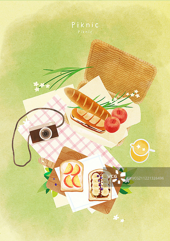 上角，食物，春天，野餐，午餐，叶子，面包，相机，苹果，长棍面包图片素材