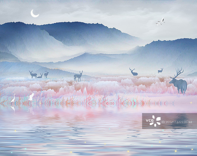 雪山下梅花鹿在湖边休息喝水，在仙境般风景中嬉戏中国风插画背景图片素材