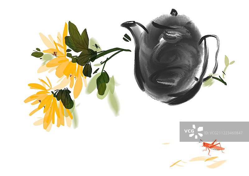中国传统水墨花卉插画秋天菊花蚂蚱图片素材