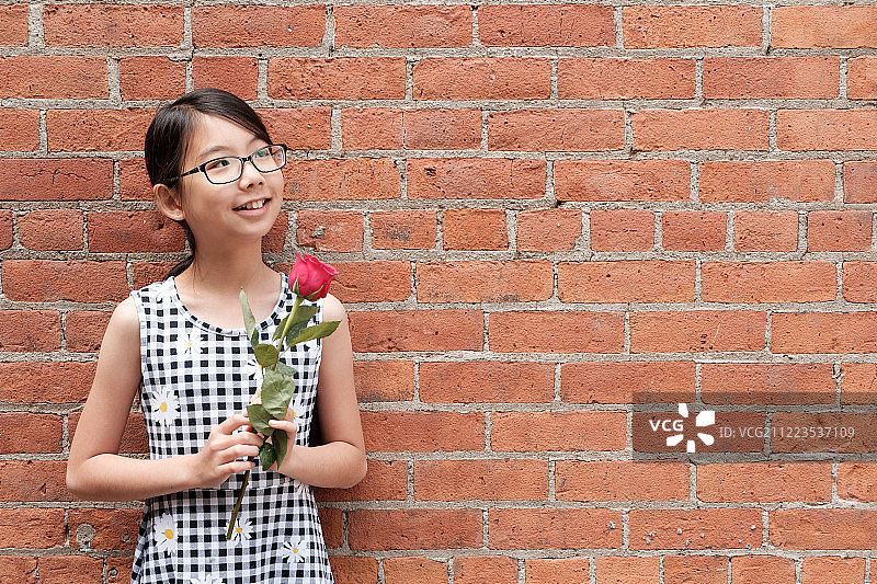 年轻的亚洲女孩的肖像与红玫瑰花靠在红色砖墙图片素材