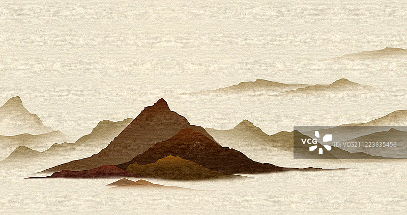 咖啡色中国风极简剪影山水插画图片素材