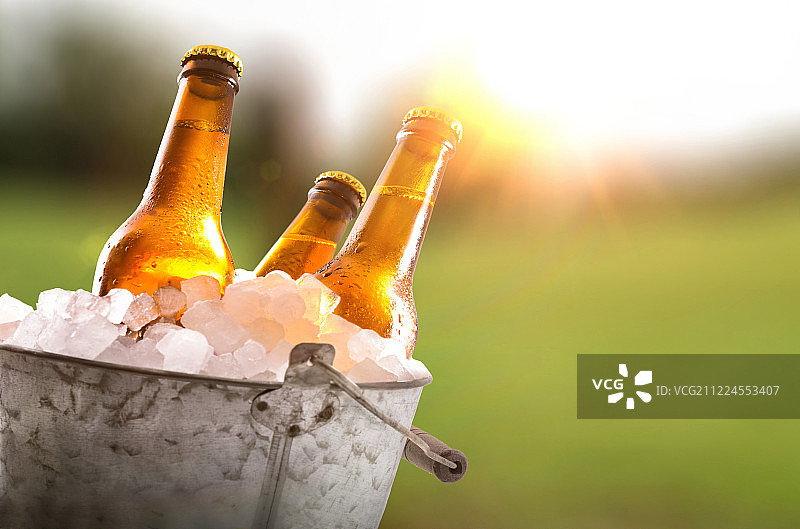 三瓶啤酒放在装满冰块的桶里图片素材