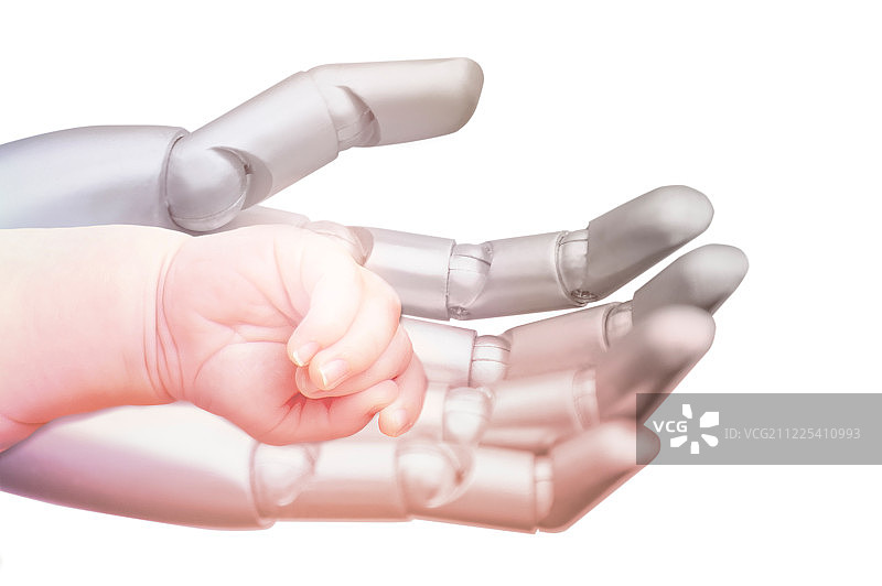 机器人照顾小孩。机器人的手保护着婴儿的手。软……图片素材