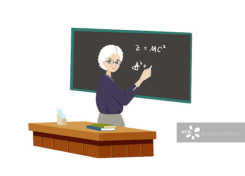白发教师在黑板上写数学题 课堂上讲课的老师插画图片素材