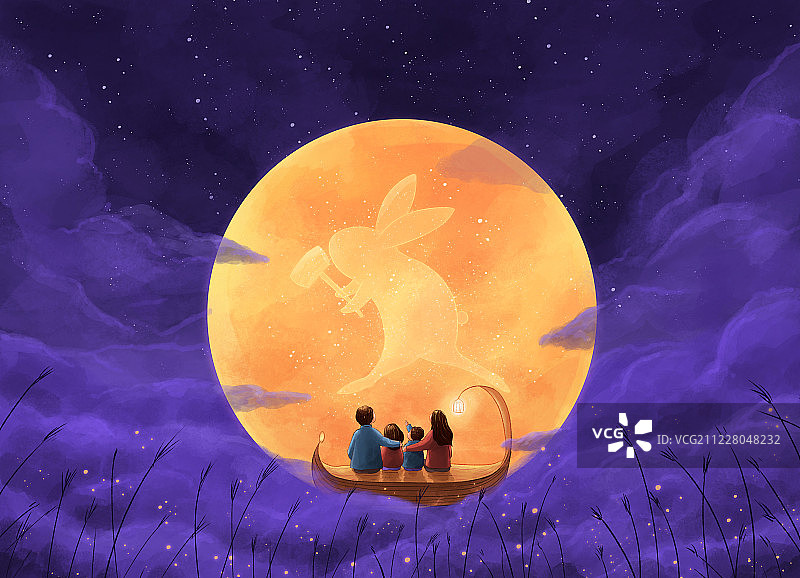 全家团圆中秋之夜插画紫色横版图片素材