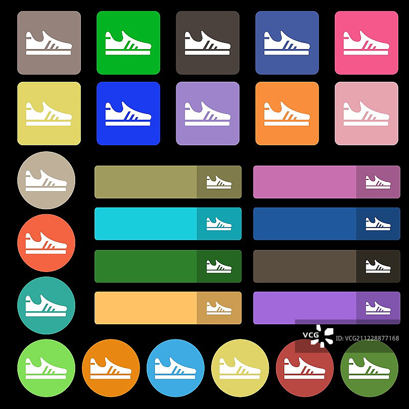 跑鞋图标标志。由27个彩色平面按钮设置。向量图片素材