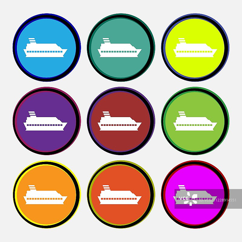 邮轮海船图标标志。九个多色圆形按钮。向量图片素材