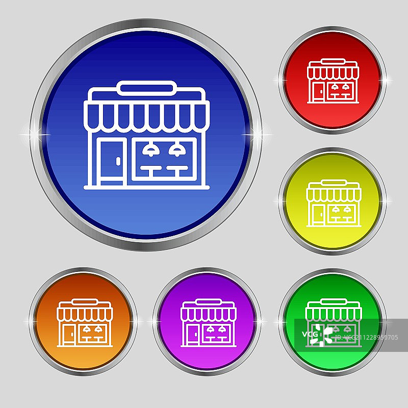 商店图标符号。圆形符号上鲜艳的色彩按钮。向量图片素材