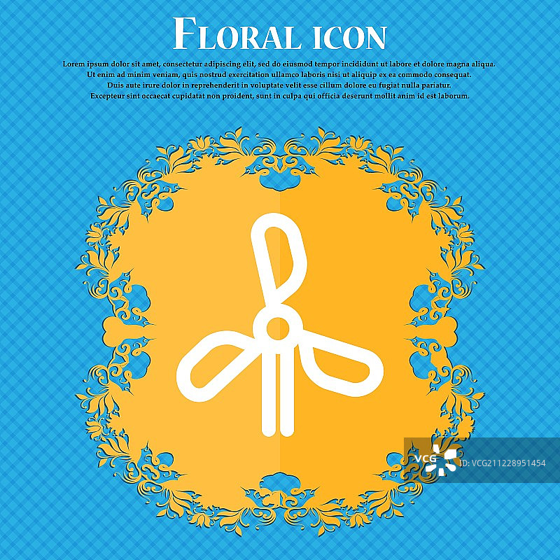风力涡轮机图标标志。花卉平面设计的蓝色抽象背景与地方为您的文本。向量图片素材