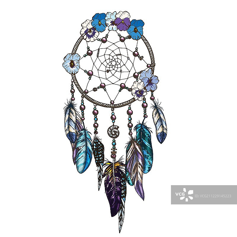 手绘华丽的捕梦网与蓝色和紫色的野花占星术，灵性，魔法象征。少数民族部落元素。图片素材