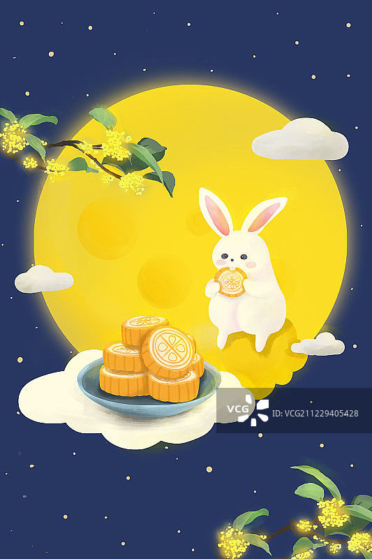 中秋节吃月饼手绘插画图片素材