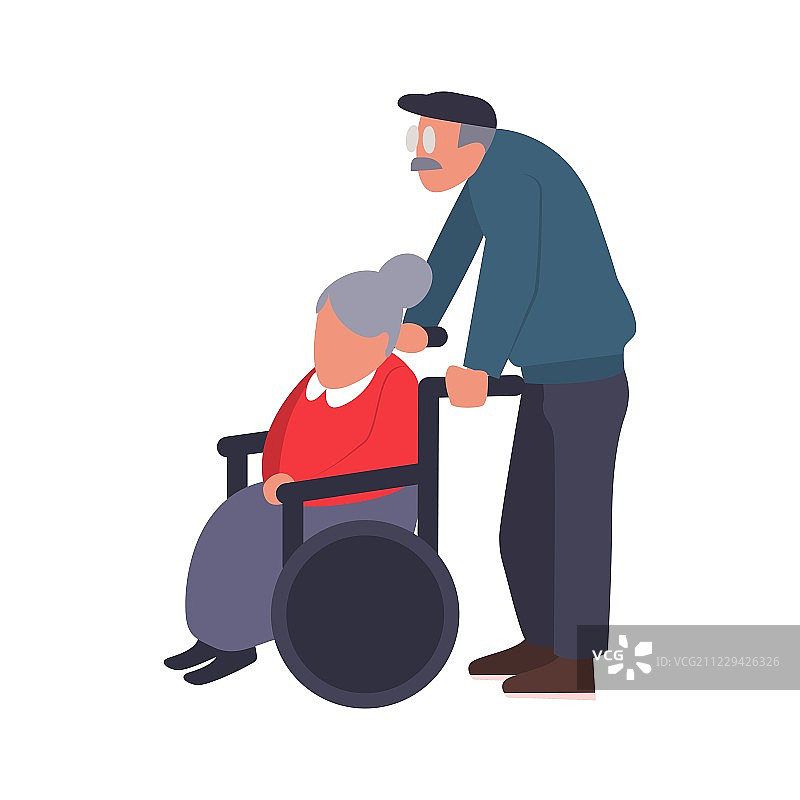 一对成熟的情侣在散步。照顾残疾人。一位老人用轮椅抱着一位上了年纪的妇女。老年夫妇卡通矢量插图。图片素材