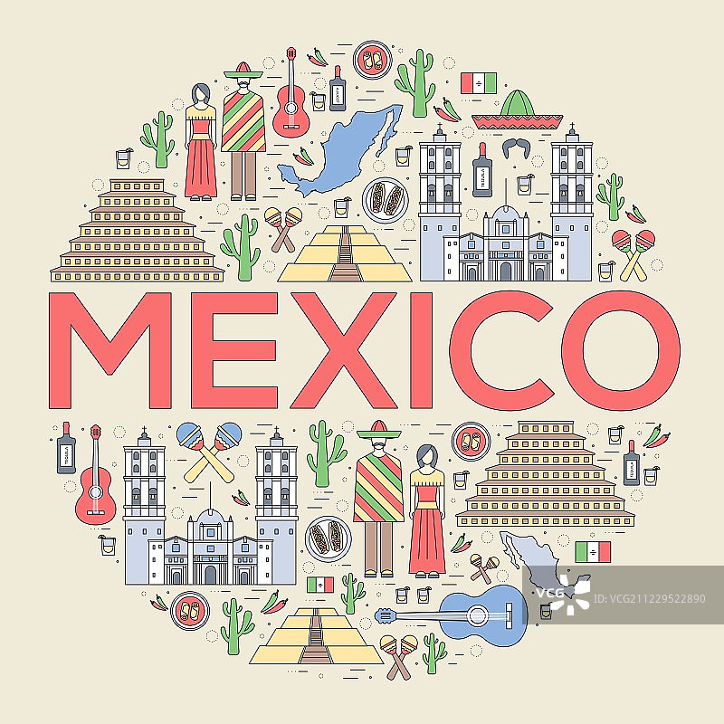 墨西哥国家旅游度假商品指南，景点和特色。集建筑、美食、时尚、物品、自然为背景的概念。信息图模板的设计。细线风格图片素材