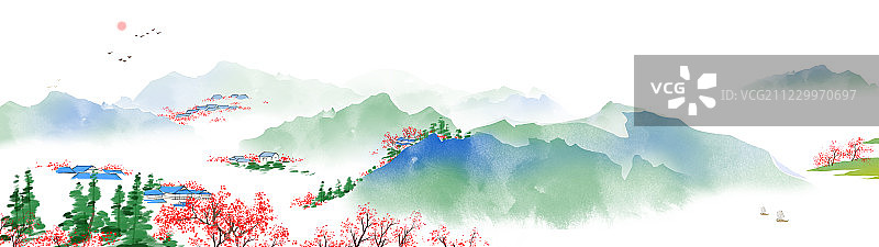 水彩风格秋季风景画红叶旭日图片素材