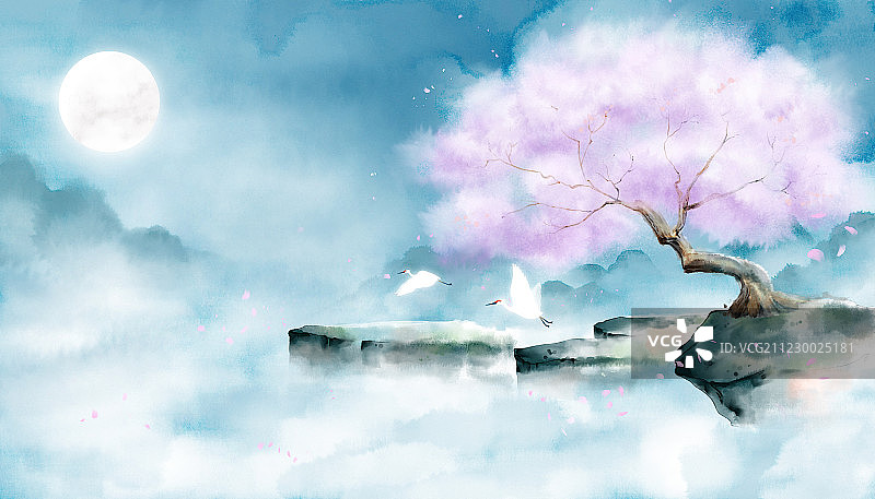 月光下开满紫色花瓣的的树下有两只仙鹤 中国风水墨场景插画图片素材
