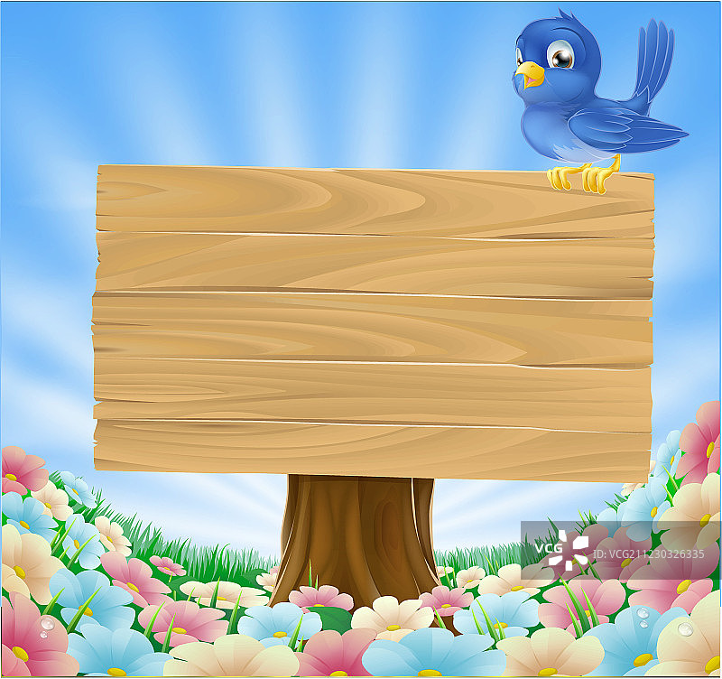 青鸟坐在带花的木标牌上图片素材