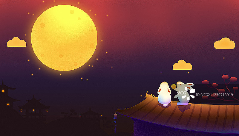 房顶上的两只可爱兔子插画 月亮插画图片素材