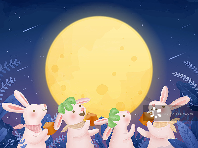 中秋節插畫可愛兔子享用廣式月餅图片素材