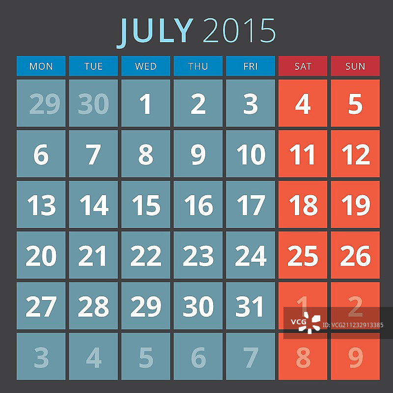 日历计划2015年模板周星期一开始图片素材