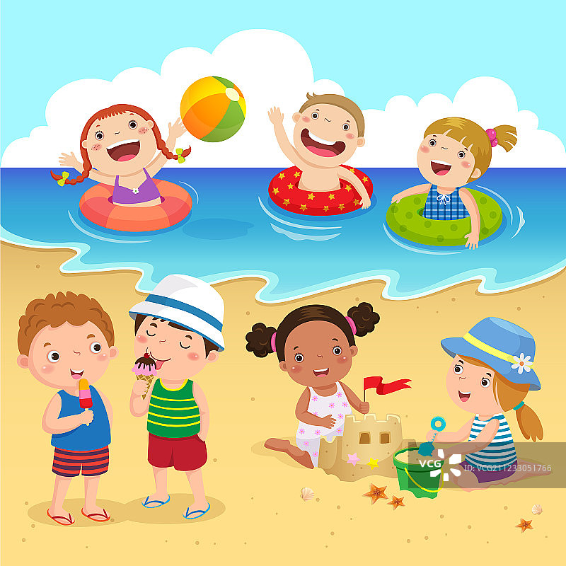 沙滩孩子玩耍的画图片