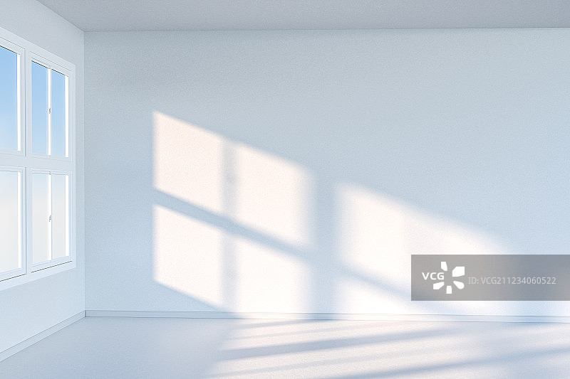 明亮的毛坯房与窗口的阳光，三维渲染图片素材