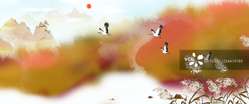 水彩插画秋季里仙鹤飞舞图片素材