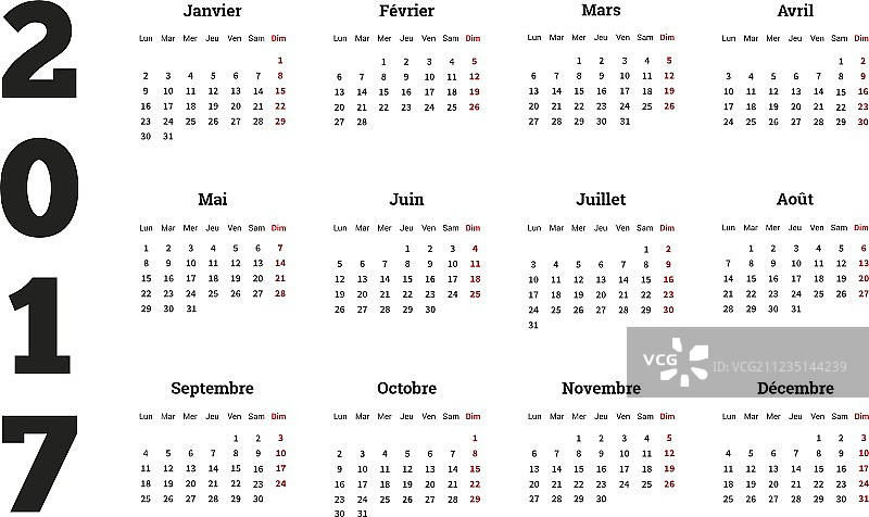 2017年简单日历上的法语图片素材