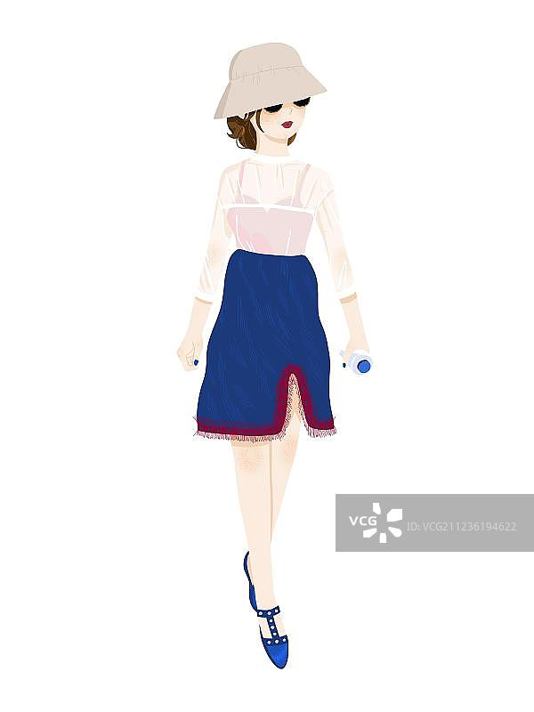 穿蓝色短裙的青春时尚少女插画元素图片素材