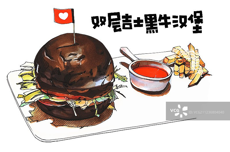 牛肉店菜单餐饮单品 美食手绘插画 双层吉士黑牛汉堡图片素材