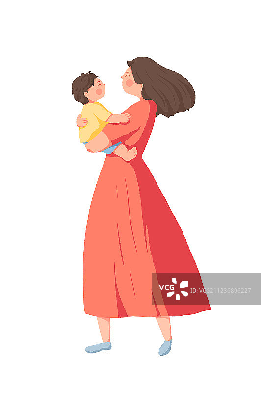 怀抱孩子的母亲插画红裙子图片素材