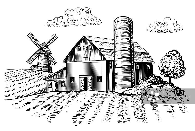乡村景观，农场谷仓和风车草图图片素材