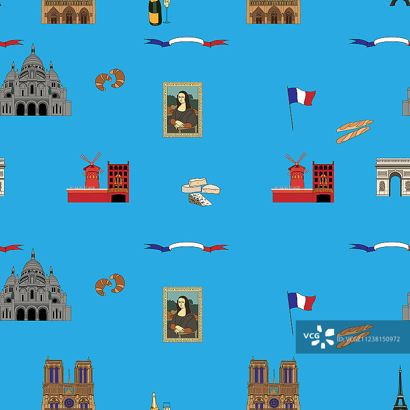 蓝色巴黎无缝图案手绘地标图片素材