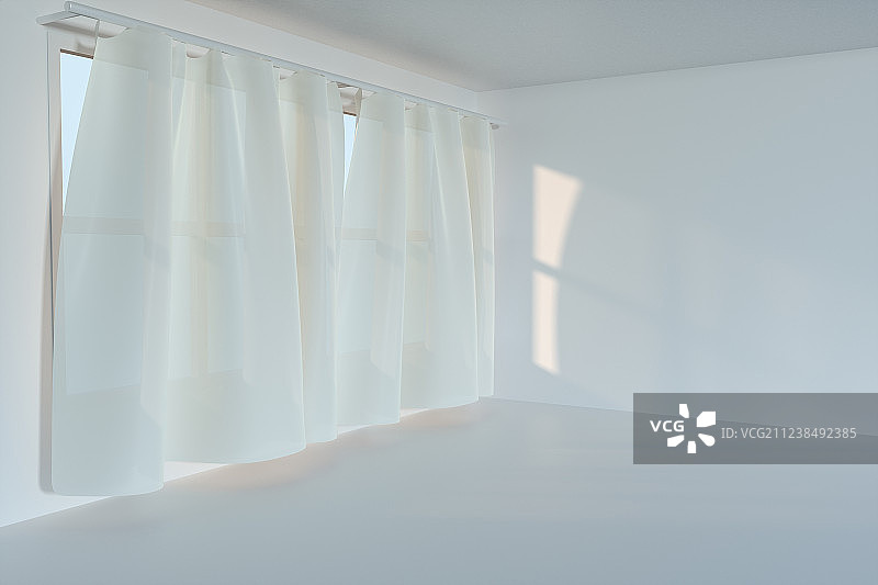 明亮的空房间与穿过窗帘的阳光光，三维渲染图片素材