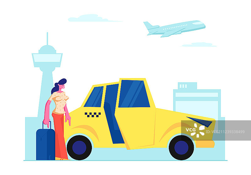 带行李的女乘客站在黄色出租车旁图片素材