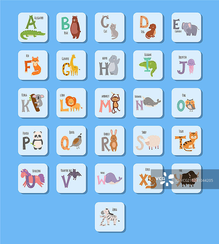 可爱的动物园字母表与卡通动物有趣图片素材