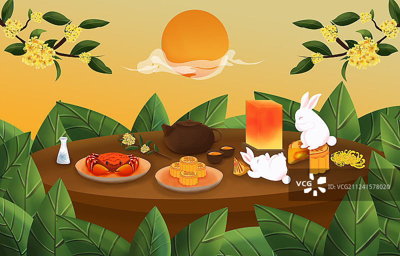 一轮圆月下桌子上摆满了丰盛的中秋节食物和物品图片素材