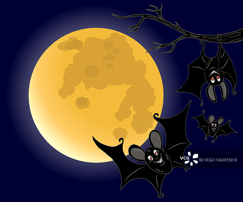 三只蝙蝠在满月的背景下图片素材