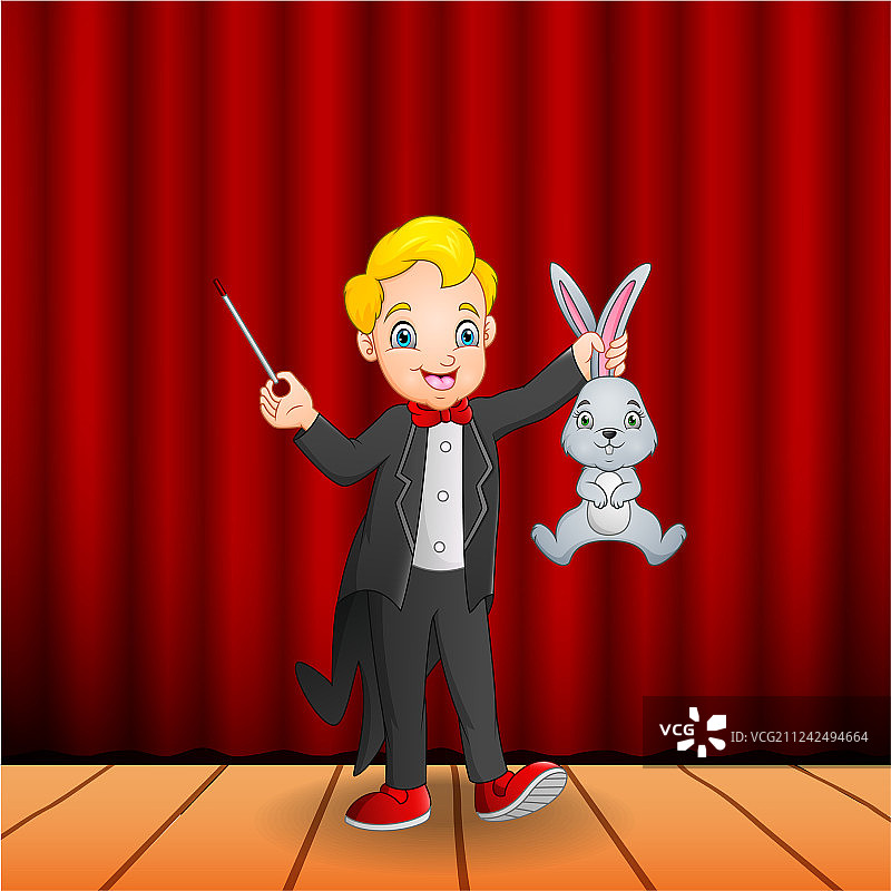 卡通魔术师拿着一根魔杖和一只兔子图片素材