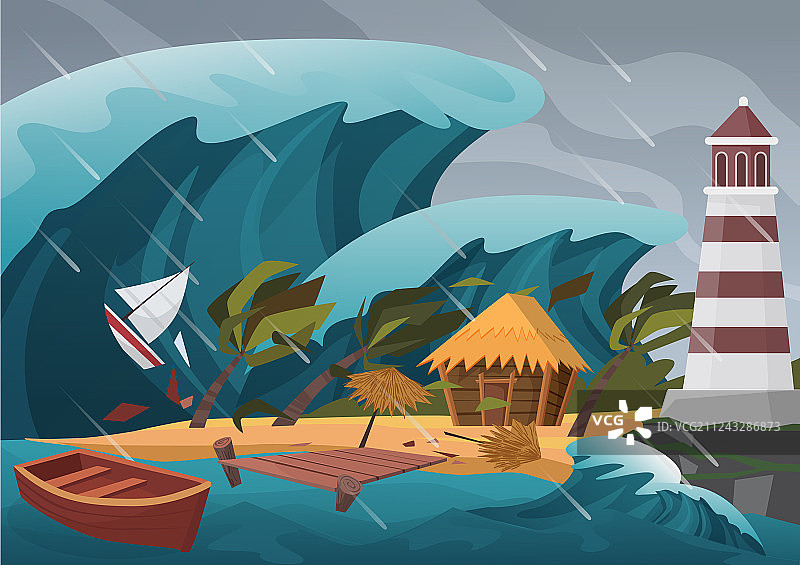 自然灾害强，有暴雨和海啸图片素材