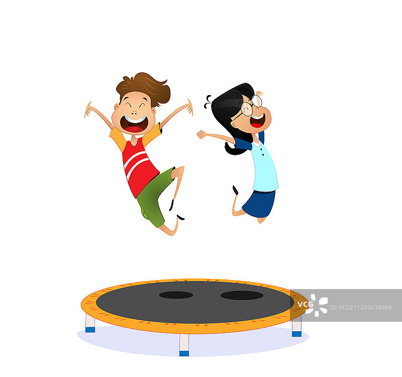 快乐的卡通男孩和女孩跳跃图片素材
