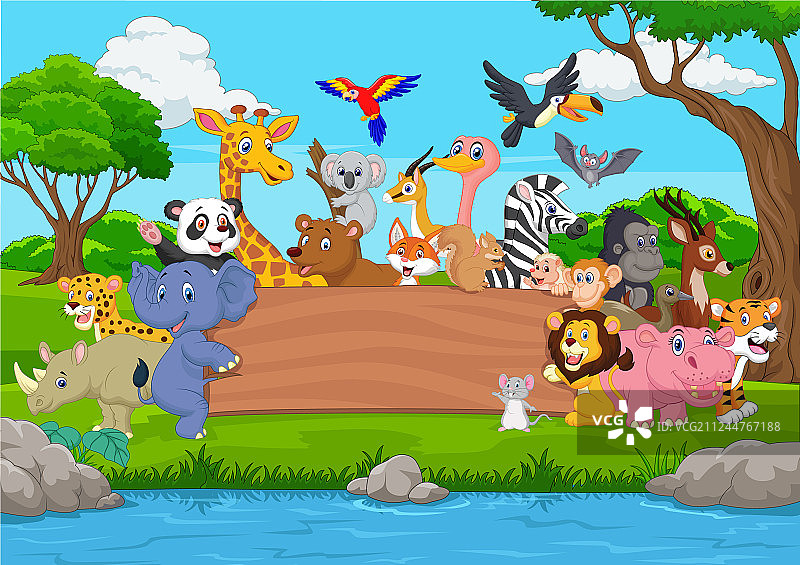 卡通野生动物与空白板在丛林图片素材