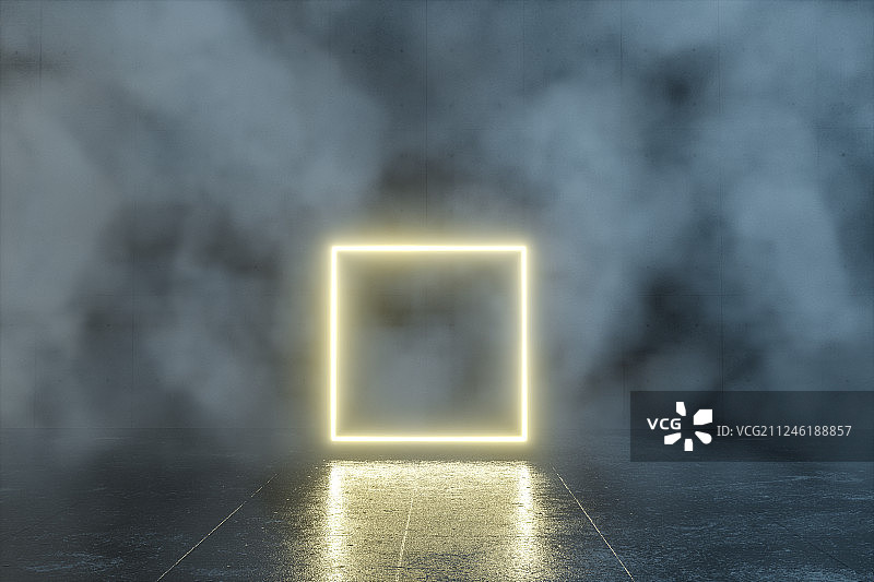浓雾房间内的发光矩形，三维渲染图片素材