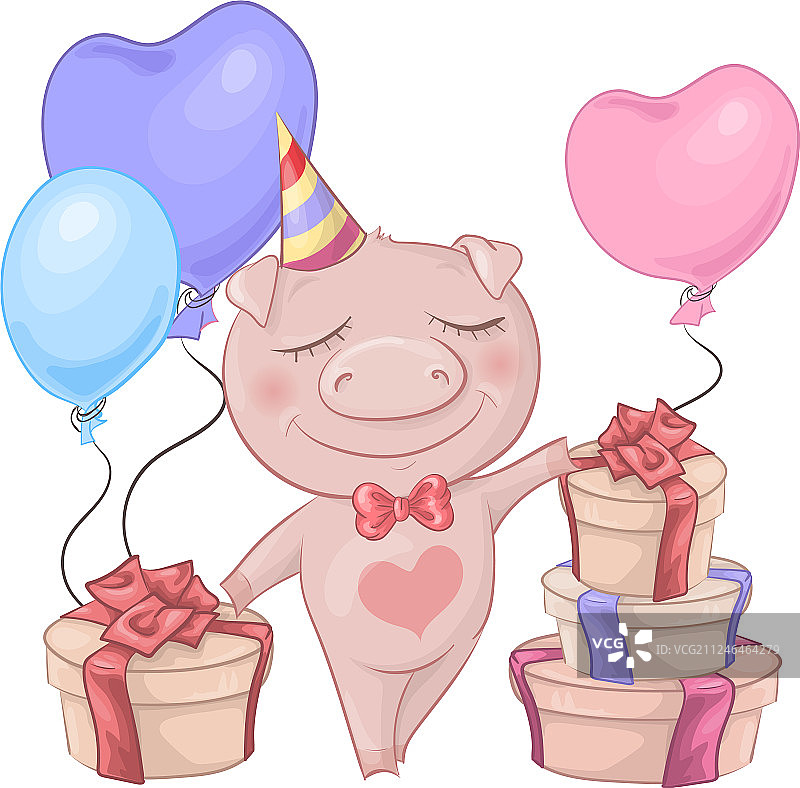 生日贺卡上有一只可爱的卡通小猪和一个盒子图片素材