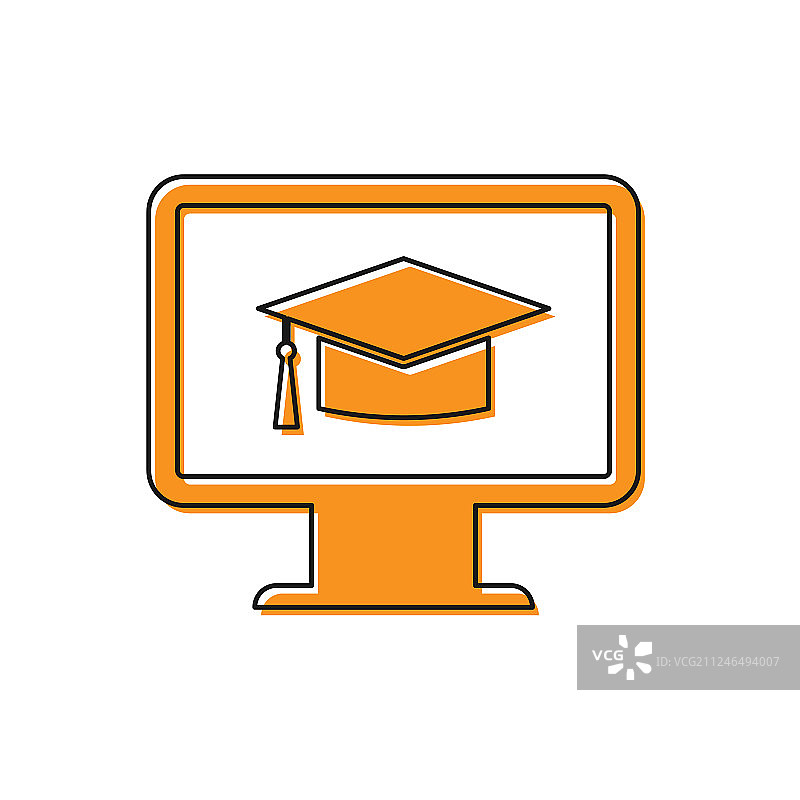 橙色的电脑显示器，带有毕业帽的图标图片素材