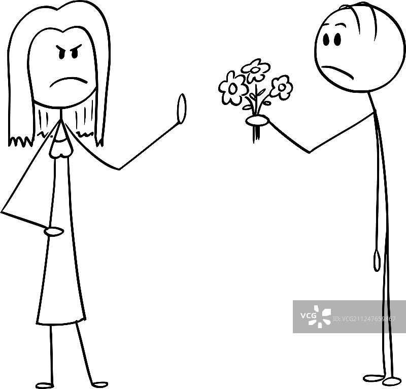 卡通愤怒的女人拒绝鲜花和爱情图片素材